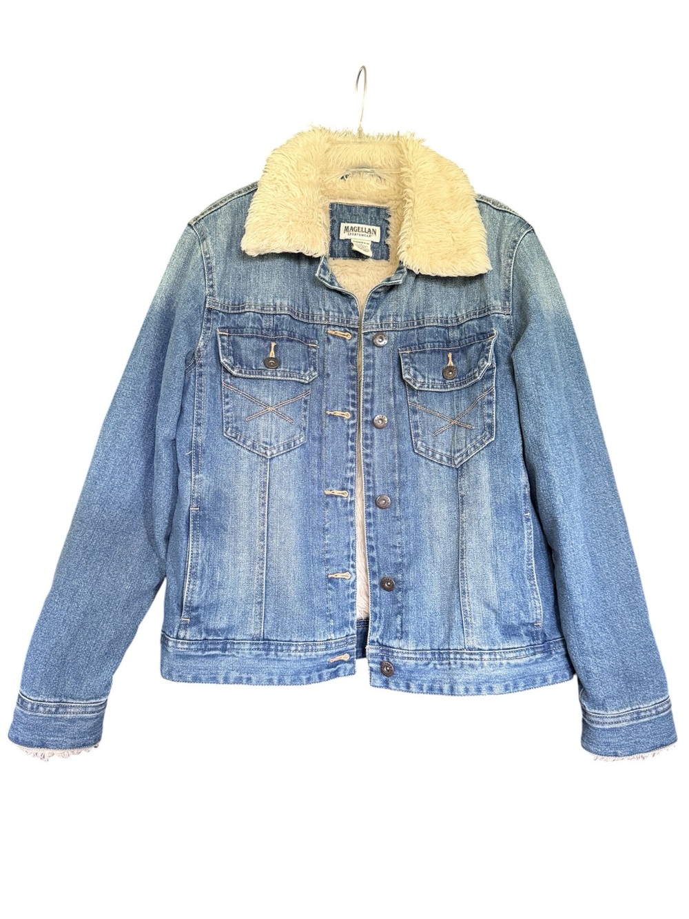 Magellan Women's Fur Lined Blue Denim Button Up Jacket Size M Casual Western